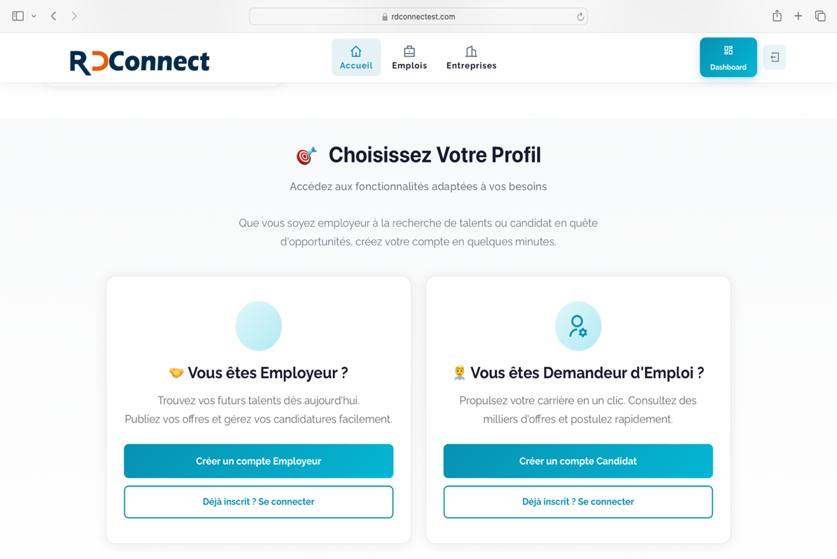 Menu de création de compte